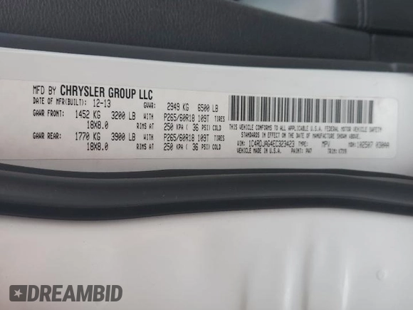 2014 Dodge Durango SXT with VIN 1C4RDJAG4EC323423, listed as a Copart auction lot 60159145 with 160,022 mi miles and Salvage title. Bid and sale history available at DreamBid. Image 13.