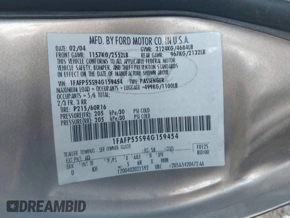 2004 Ford Taurus SES with VIN 1FAFP55S94G159454, listed as a IAAI auction lot 41848575 with Not Provided miles and . Bid and sale history available at DreamBid. Image 9.