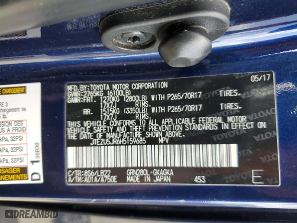 2017 Toyota 4Runner SR5 with VIN JTEZU5JR6H5159685, listed as a Copart auction lot 45507325 with 42,202 mi miles and Salvage Title. Bid and sale history available at carsss.com. Image 15.