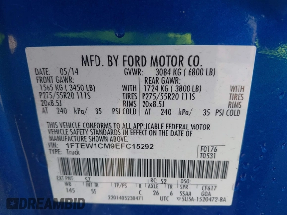 2014 Ford F-150 XL with VIN 1FTEW1CM9EFC15292, listed as a IAAI auction lot 41813091 with 125,339 mi miles. Bid and sale history available at carsss.com. Image 9.