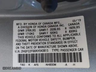 2019 Honda Civic Sedan LX with VIN 2HGFC2F66KH543815, listed as a IAAI auction lot 41883765 with 83,762 mi miles. Bid and sale history available at carsss.com. Image 9.