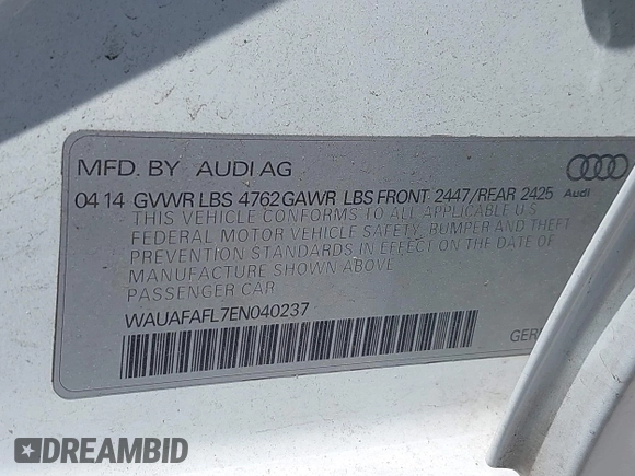 2014 Audi A4 Premium z VIN WAUAFAFL7EN040237, wystawiony jako IAAI lot #41980907 z przebiegiem 148 258 mil mil oraz . Historia ofert i sprzedaży dostępna na DreamBid. Obrazek 9.
