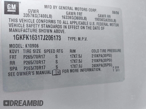 2007 GMC Yukon XL SLT with VIN 1GKFK16317J206173, listed as a IAAI auction lot 42117433 with Not Provided miles. Bid and sale history available at carsss.com. Image 9.
