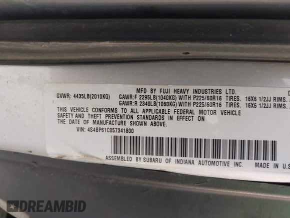2005 Subaru Legacy Outback with VIN 4S4BP61C057341800, listed as a IAAI auction lot 42273237 with 189,011 mi miles and . Bid and sale history available at DreamBid. Image 9.