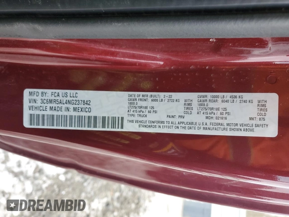 2022 Ram 2500 with VIN 3C6MR5AL4NG237842, listed as a Copart auction lot 87160584 with Not provided miles and Salvage title. Bid and sale history available at DreamBid. Image 12.
