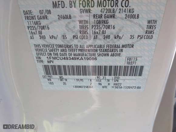 2009 Ford Escape Hybrid with VIN 1FMCU49349KA19086, listed as a IAAI auction lot 41704934 with 91,047 mi miles. Bid and sale history available at carsss.com. Image 9.