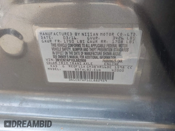2016 Nissan Versa S with VIN 3N1CN7AP1GL882959, listed as a IAAI auction lot 42559752 with 69,827 mi miles and . Bid and sale history available at DreamBid. Image 9.