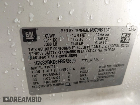 2015 GMC Yukon SLT with VIN 1GKS2BKC6FR612606, listed as a IAAI auction lot 41096580 with Not Provided miles and . Bid and sale history available at DreamBid. Image 9.