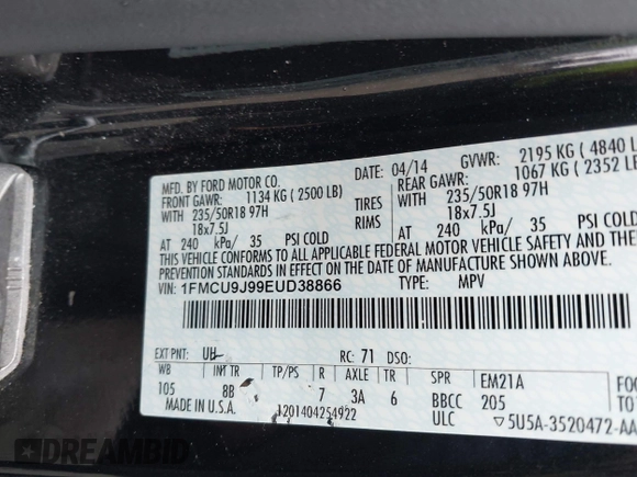 2014 Ford Escape Titanium with VIN 1FMCU9J99EUD38866, listed as a IAAI auction lot 42052579 with 202,337 mi miles. Bid and sale history available at carsss.com. Image 9.