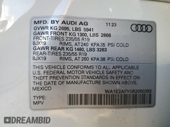 2024 Audi Q5 S line Premium Plus with VIN WA1E2AFY9R2050393, listed as a Copart auction lot 42951605 with Not provided miles and Salvage title. Bid and sale history available at DreamBid. Image 13.