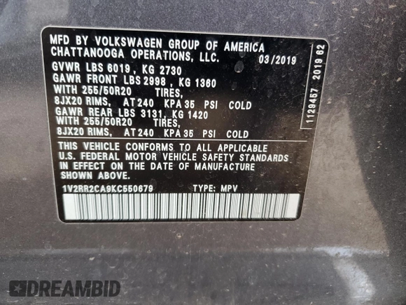 2019 Volkswagen Atlas SEL R-Line with VIN 1V2RR2CA9KC550679, listed as a Copart auction lot 50596155 with 85,482 mi miles and Salvage title. Bid and sale history available at DreamBid. Image 13.