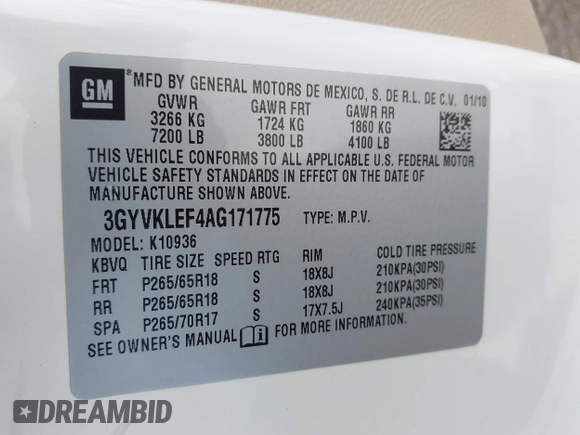 2010 Cadillac Escalade EXT z VIN 3GYVKLEF4AG171775, wystawiony jako IAAI lot #42413511 z przebiegiem Nie podano mil oraz . Historia ofert i sprzedaży dostępna na DreamBid. Obrazek 9.