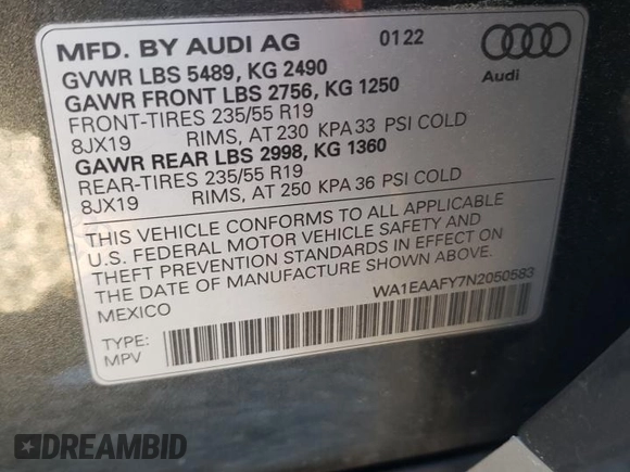 2022 Audi Q5 S line Premium Plus with VIN WA1EAAFY7N2050583, listed as a Copart auction lot 49108475 with 34,090 mi miles and Salvage Title. Bid and sale history available at DreamBid. Image 16.