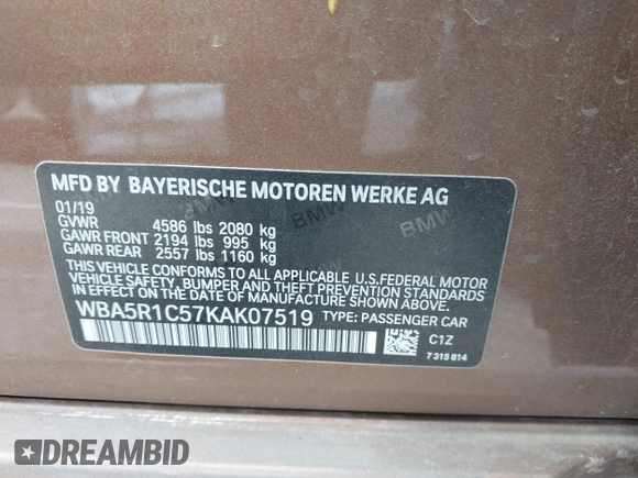 2019 BMW 3 Series 330i with VIN WBA5R1C57KAK07519, listed as a IAAI auction lot 42042379 with 40,898 mi miles and . Bid and sale history available at DreamBid. Image 9.