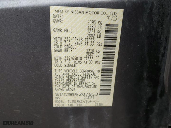 2015 Nissan Murano SL with VIN 5N1AZ2MH9FN207953, listed as a Copart auction lot 47143625 with 133,399 mi miles and Salvage Title. Bid and sale history available at carsss.com. Image 14.