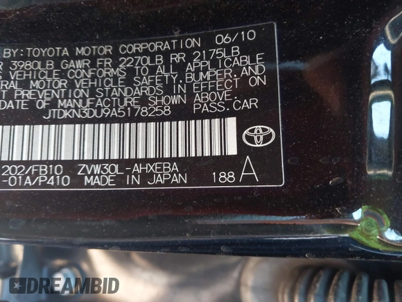2010 Toyota Prius II with VIN JTDKN3DU9A5178258, listed as a IAAI auction lot 41850740 with 196,572 mi miles. Bid and sale history available at carsss.com. Image 9.