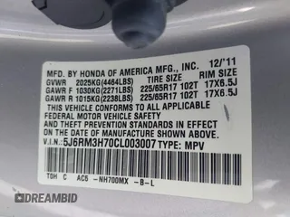 2012 Honda CR-V EX-L with VIN 5J6RM3H70CL003007, listed as a IAAI auction lot 41781046 with 81,048 mi miles and . Bid and sale history available at carsss.com. Image 9.