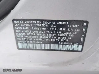 2012 Volkswagen Passat SE w/Sunroof with VIN 1VWBH7A3XCC097453, listed as a IAAI auction lot 41623676 with 155,721 mi miles. Bid and sale history available at carsss.com. Image 9.
