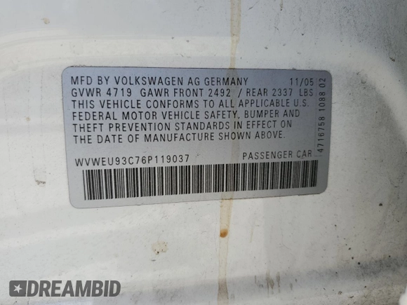 2006 Volkswagen Passat 3.6L V6 with VIN WVWEU93C76P119037, listed as a Copart auction lot 87653485 with 114,863 mi miles and Salvage title. Bid and sale history available at DreamBid. Image 14.