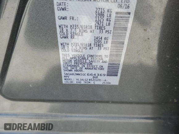 2016 Nissan Pathfinder Platinum with VIN 5N1AR2MN1GC664369, listed as a Copart auction lot 57690535 with 103,916 mi miles and Salvage title. Bid and sale history available at DreamBid. Image 12.