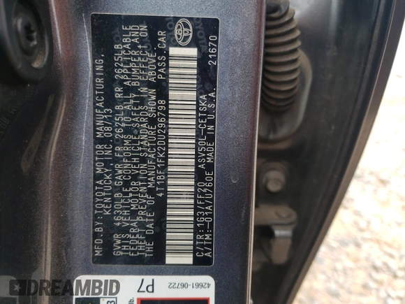 2013 Toyota Camry L with VIN 4T1BF1FK2DU296798, listed as a Copart auction lot 50819875 with 197,185 mi miles and Salvage Title. Bid and sale history available at carsss.com. Image 12.