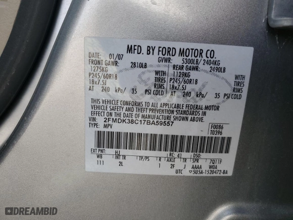 2007 Ford Edge SEL with VIN 2FMDK38C17BA59557, listed as a Copart auction lot 48039405 with 195,672 mi miles and Salvage Title. Bid and sale history available at carsss.com. Image 12.