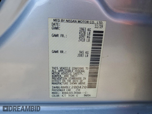 2020 Nissan Altima 2.5 S with VIN 1N4BL4BV0LC200420, listed as a Copart auction lot 42436885 with 89,556 mi miles and Salvage Title. Bid and sale history available at carsss.com. Image 12.