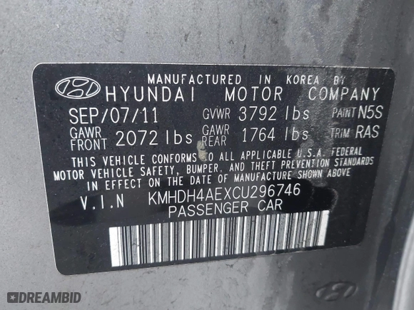 2012 Hyundai Elantra GLS with VIN KMHDH4AEXCU296746, listed as a IAAI auction lot 42022027 with 186,138 mi miles. Bid and sale history available at carsss.com. Image 9.