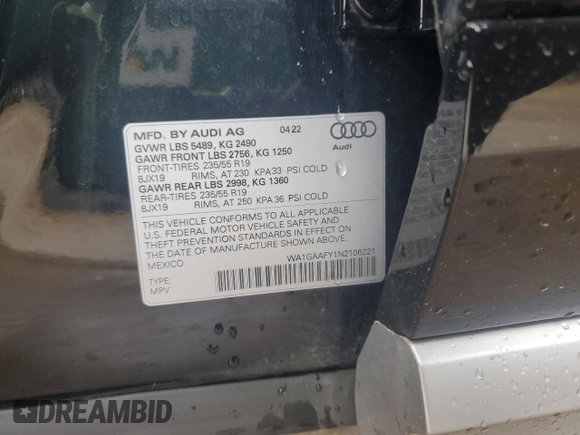 2022 Audi Q5 S line Premium z VIN WA1GAAFY1N2106221, wystawiony jako Copart lot #58336755 z przebiegiem 26 008 mil mil oraz Szkoda całkowita • Salvage title. Historia ofert i sprzedaży dostępna na DreamBid. Obrazek 12.