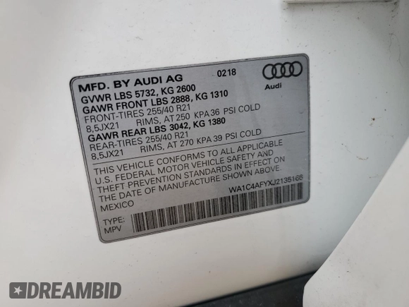 2018 Audi SQ5 Prestige with VIN WA1C4AFYXJ2135166, listed as a Copart auction lot 53489335 with 78,316 mi miles and Salvage Title. Bid and sale history available at carsss.com. Image 13.