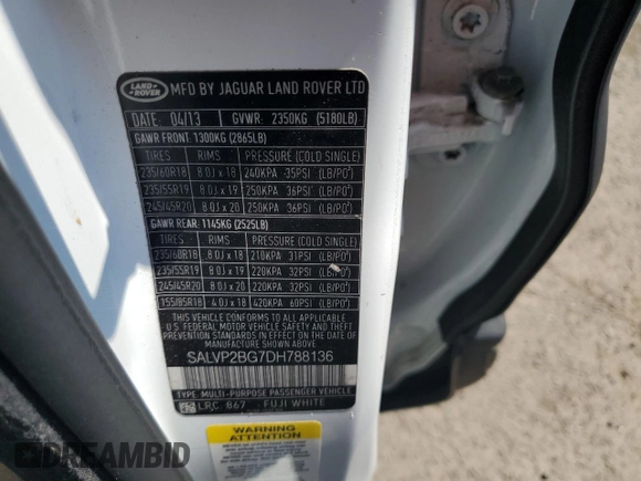 2013 Land Rover Range Rover Evoque Pure Plus z VIN SALVP2BG7DH788136, wystawiony jako Copart lot #61576615 z przebiegiem 131 592 mil mil oraz Szkoda całkowita • Salvage title. Historia ofert i sprzedaży dostępna na DreamBid. Obrazek 13.