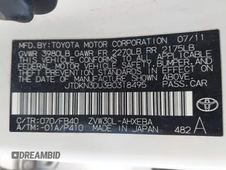2011 Toyota Prius I with VIN JTDKN3DU3B0318495, listed as a IAAI auction lot 41945115 with 240,553 mi miles and . Bid and sale history available at DreamBid. Image 9.