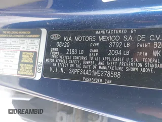 2021 Kia Forte GT-Line z VIN 3KPF34AD1ME278588, wystawiony jako IAAI lot #42091280 z przebiegiem 53 738 mil mil oraz . Historia ofert i sprzedaży dostępna na DreamBid. Obrazek 9.