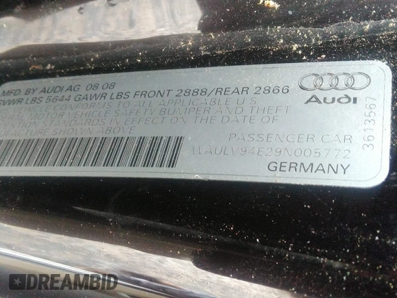 2009 Audi A8 z VIN WAULV94E29N005772, wystawiony jako IAAI lot #42266720 z przebiegiem 102 014 mil mil oraz . Historia ofert i sprzedaży dostępna na DreamBid. Obrazek 9.