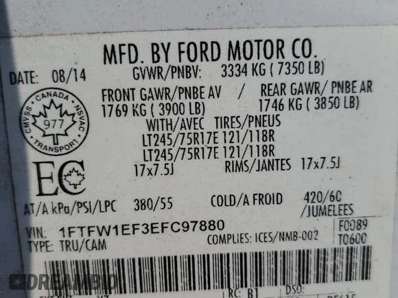2014 Ford F-150 XL with VIN 1FTFW1EF3EFC97880, listed as a Copart auction lot 64822215 with 105,437 mi miles and Salvage title. Bid and sale history available at DreamBid. Image 13.