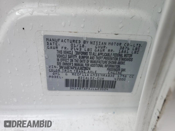 2018 Nissan Sentra SV with VIN 3N1AB7APXJL623524, listed as a Copart auction lot 49806565 with 101,809 mi miles and Salvage Title. Bid and sale history available at carsss.com. Image 12.