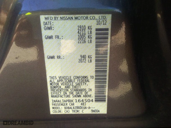 2013 Nissan Altima 2.5 SL with VIN 1N4AL3AP8DC164504, listed as a IAAI auction lot 40949799 with 222,325 mi miles. Bid and sale history available at carsss.com. Image 9.