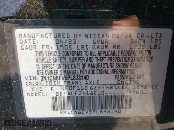 2023 Nissan Versa SV z VIN 3N1CN8EV5PL838140, wystawiony jako Copart lot #54653655 z przebiegiem 53 664 mil mil oraz Szkoda całkowita • Salvage title. Historia ofert i sprzedaży dostępna na DreamBid. Obrazek 12.