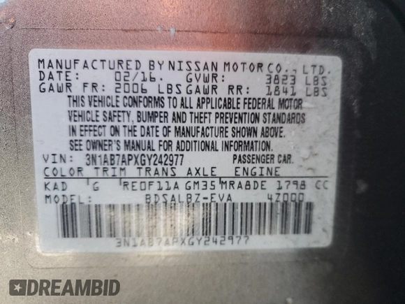 2016 Nissan Sentra S with VIN 3N1AB7APXGY242977, listed as a Copart auction lot 51317575 with 106,431 mi miles and Salvage Title. Bid and sale history available at carsss.com. Image 13.