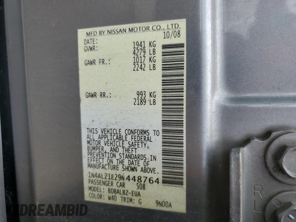 2009 Nissan Altima SL with VIN 1N4AL21E29N448764, listed as a Copart auction lot 66026444 with Not Provided miles and Salvage Title. Bid and sale history available at DreamBid. Image 13.