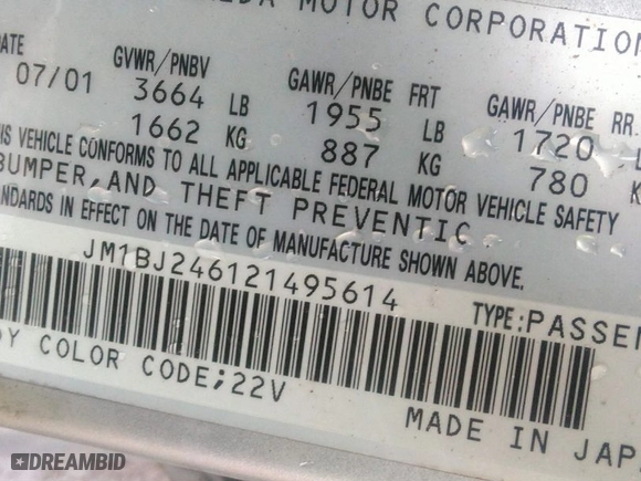 2002 Mazda Protege5 with VIN JM1BJ246121495614, listed as a IAAI auction lot 41772004 with NaN miles. Bid and sale history available at carsss.com. Image 9.