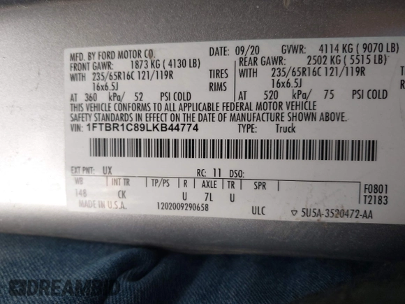 2020 Ford Transit Cargo with VIN 1FTBR1C89LKB44774, listed as a IAAI auction lot 41319966 with 46,312 mi miles and . Bid and sale history available at DreamBid. Image 9.