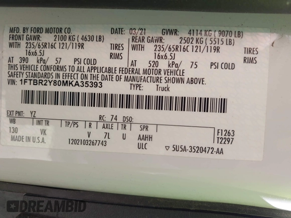 2021 Ford Transit Cargo with VIN 1FTBR2Y80MKA35393, listed as a IAAI auction lot 41732236 with 24,799 mi miles and . Bid and sale history available at DreamBid. Image 9.