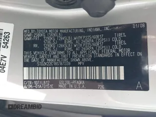 2008 Toyota Sienna XLE with VIN 5TDZK22C18S161339, listed as a IAAI auction lot 41449450 with 202,512 mi miles. Bid and sale history available at carsss.com. Image 9.