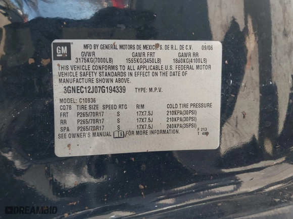 2007 Chevrolet Avalanche LT w/3LT with VIN 3GNEC12J07G194339, listed as a IAAI auction lot 41557110 with 1 mi miles. Bid and sale history available at carsss.com. Image 9.