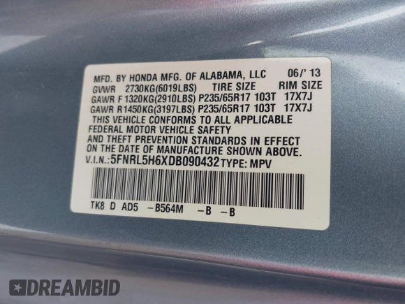 2013 Honda Odyssey EX-L с VIN 5FNRL5H6XDB090432, выставлен на аукционе IAAI как лот 42468409 с пробегом Не указан миль и . История ставок и продаж доступна на DreamBid. Изображение 9.
