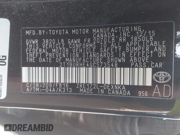 2016 Toyota Corolla L with VIN 2T1BURHE4GC573548, listed as a IAAI auction lot 42482004 with 52,042 mi miles and . Bid and sale history available at DreamBid. Image 9.