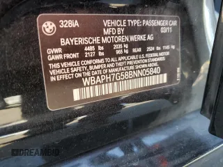 2011 BMW 3 Series 328i with VIN WBAPH7G58BNN05840, listed as a Copart auction lot 57137225 with 177,359 mi miles and Non repairable. Bid and sale history available at DreamBid. Image 14.