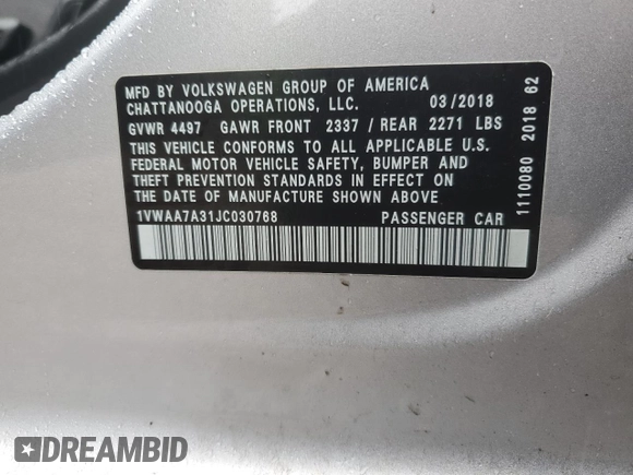 2018 Volkswagen Passat S z VIN 1VWAA7A31JC030768, wystawiony jako Copart lot #57269045 z przebiegiem 88 287 mil mil oraz Szkoda całkowita • Salvage title. Historia ofert i sprzedaży dostępna na DreamBid. Obrazek 12.