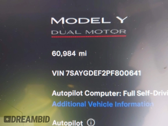2023 Tesla Model Y Performance with VIN 7SAYGDEF2PF800641, listed as a IAAI auction lot 41612596 with 60,984 mi miles and . Bid and sale history available at DreamBid. Image 7.